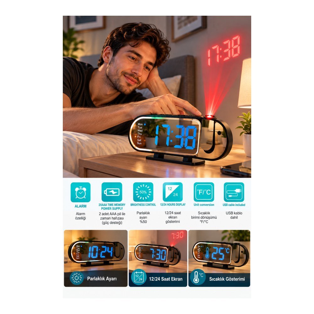 Dijital LED Masa Saati Masaüstü Alarm Saati Parlaklık Ayarlı Sıcaklık ve 12 24 Saat Göstergeli