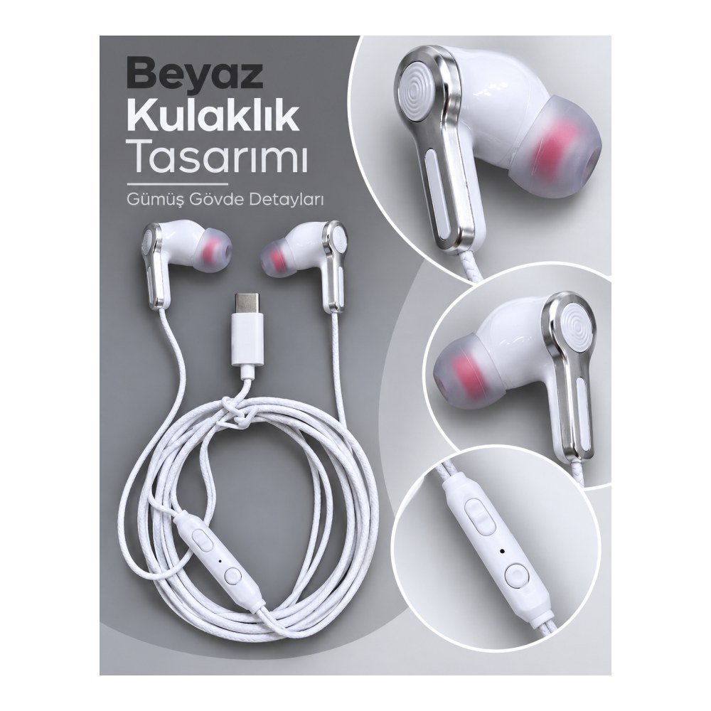 Örgülü Kablo Tasarımlı Kumandalı Beyaz Type C Kulaklık