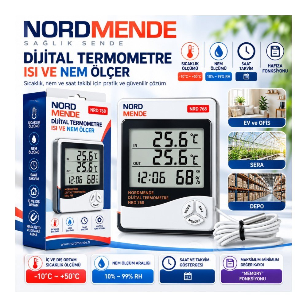 NORDMENDE NRD 768 dijital iç dış ortam termometre ve nem ölçer