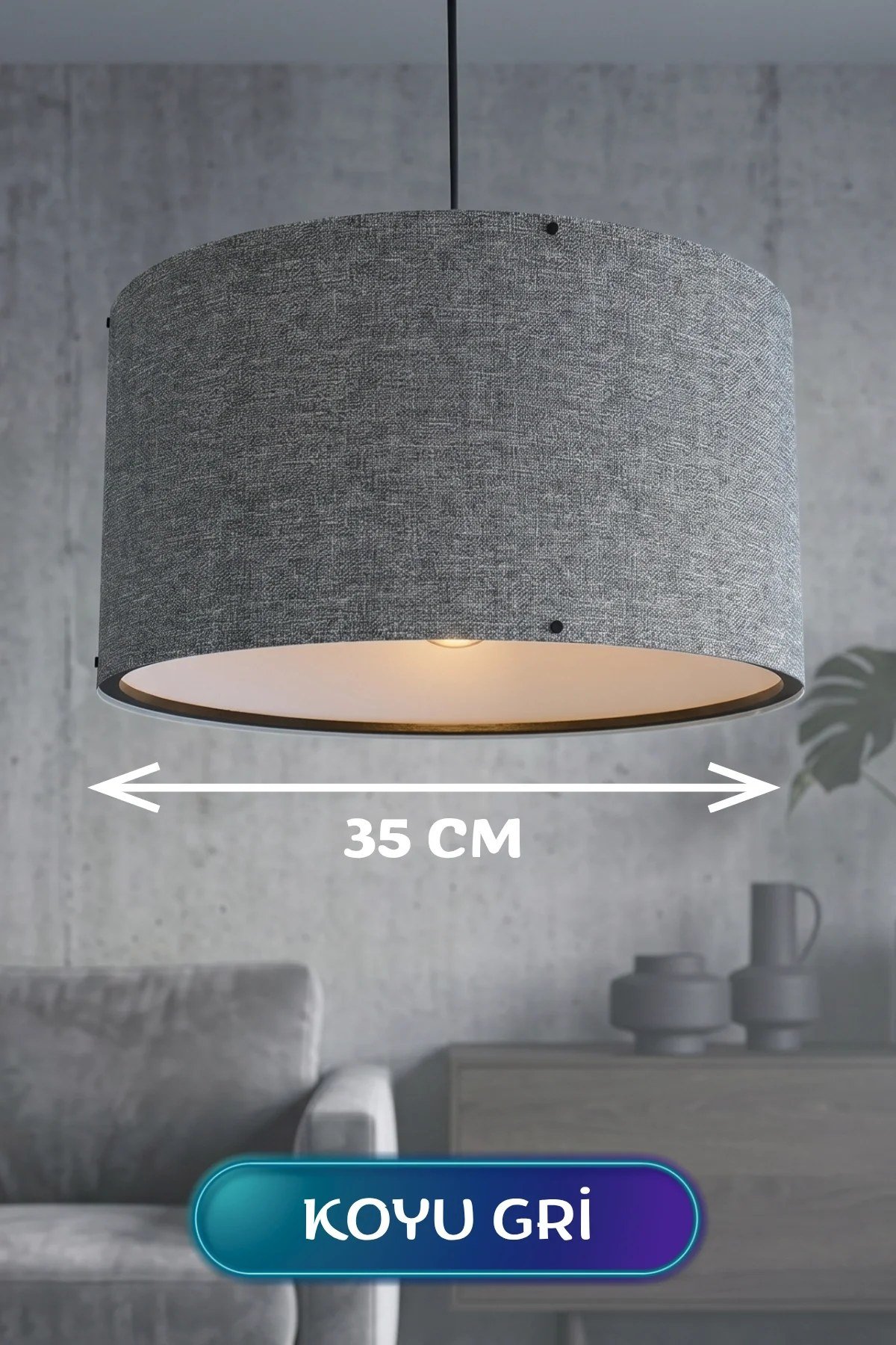 Şık Koyu Gri Kumaş Başlıklı Sarkıt Avize 35 Cm